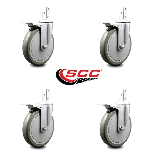 6 Inch Gray Poly Wheel Swivel 7/8 Inch Square Stem Caster Set Total Lock Brake